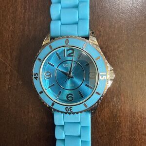 Gossip Silver Tone Aqua Dial Quartz Watch Aqua Blue Silicone Band, Runs Great